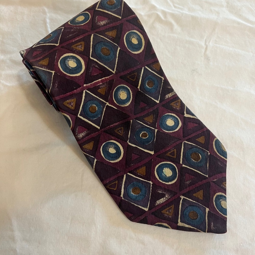Ted Lapidus 100% Silk Tie Maroon Blue Geometric 4" Wide